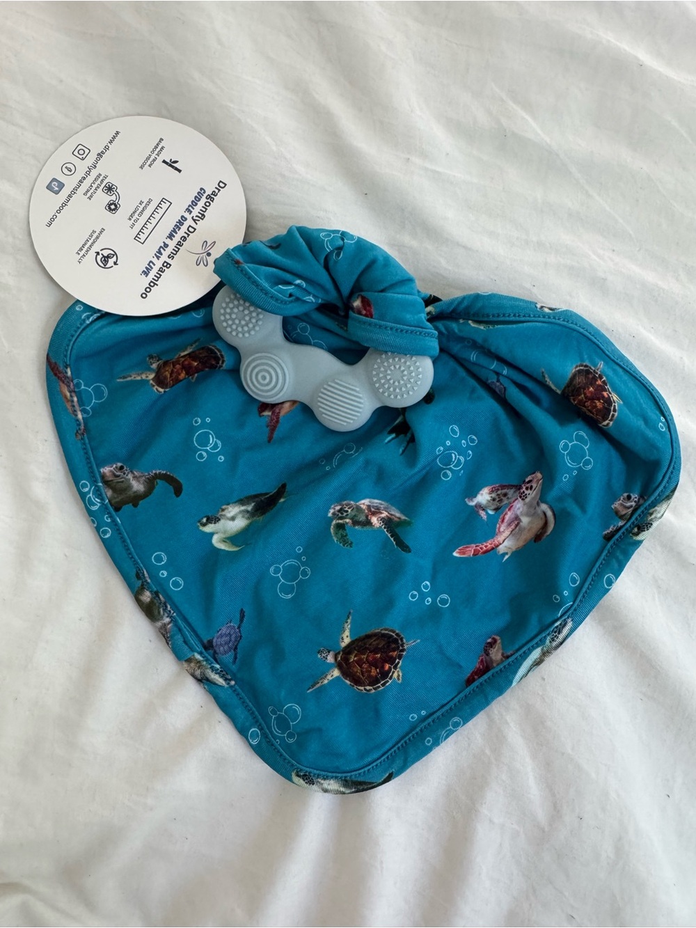 Kids Teething Bandana Bib Turtle Print - Blue bamboo teether Dragonfly Dreams
